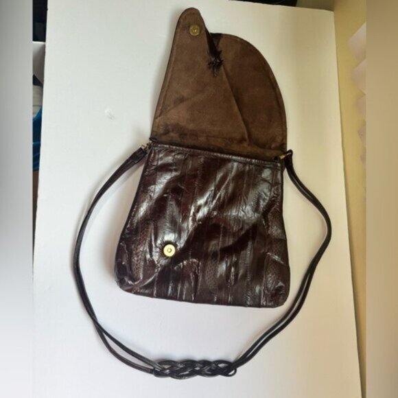 Vintage 80s Eel Skin Leather Snake Print Suede Shoulder Bag Brown Tote Button - Picture 9 of 16